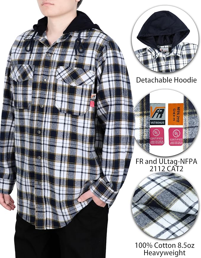 VATRENUS FR Shirts for Men Plaid Flannel Jacket 8.5oz Heavyweight Flame Resistant Welding Shirt