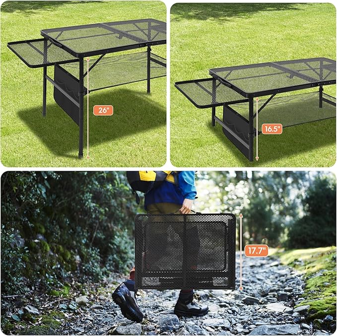 Folding Grill 4.4 FT Portable Camping Table with 2 Wing Panels, Height Adjustable Metal Outdoor Table with Mesh Desktop and Mesh Bag, Picnic, Beach and BBQ, Party, Black