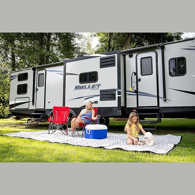 Earth-Friendly RV Patio Mat Size 8' x 16' for Campers, Campsites - Premium 5 mm Thick Heavy Duty, Waterproof, Reversible Rugs Recycled Polypropylene, with Carry Bag (8' x 16', Grey)