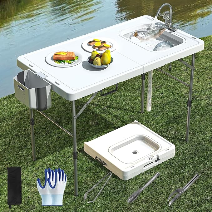Folding Fish Cleaning Table with Sink, 50"x27" Bi-Folding Portable Camping Sink Station with Drain Hose, Trash Can, Gloves and Cleaning Kits, Foldable Outdoor Sink for Camping, Fishing, BBQ