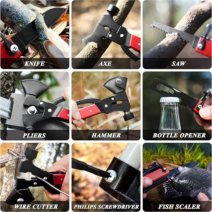 RoverTac 14-in-1 Multitool Camping Axe Hatchet – Essential Camping Gear with Knife, Hammer, Saw, Bottle Opener, Screwdriver – Multi Tool with Sheath – Gifts for Men, Dad, and Outdoor Adventures