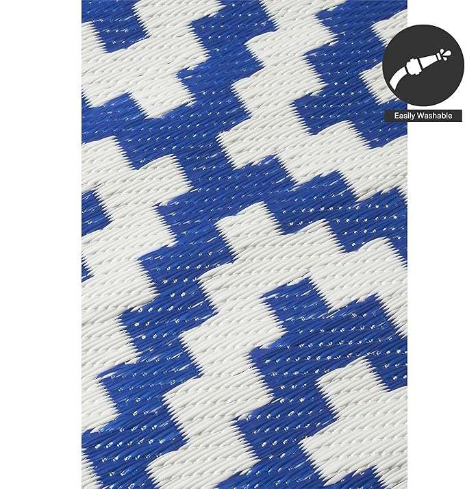 FH Home Outdoor Rug - Waterproof, Fade Resistant, Reversible - Premium Recycled Plastic - Geometric - Porch, Deck, Balcony, Mudroom, Laundry Room, Patio - Aztec - Blue & White Crease Free - 3 x 5 ft