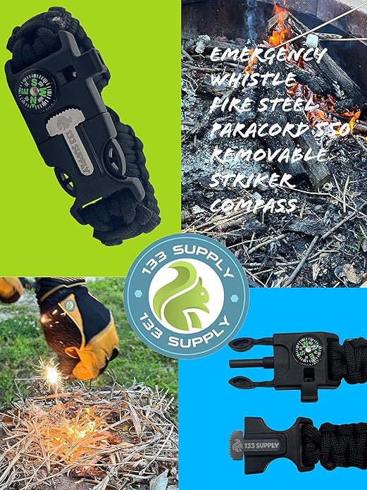Paracord Bracelet Compass Hiking Survival Emergency Whistle Fire Starter Kit Camping Gear Hiking Essentials Fishing Hunting Accessories EDC Backpacking Gear Tactical Survival Gear Equipment