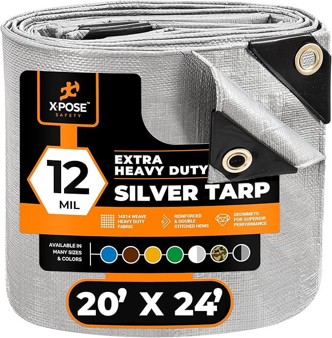 Heavy Duty Silver Poly Tarp 20' X 24' - Multipurpose Protective Cover - Durable, Waterproof, Weather Proof, Rip and Tear Resistant - Extra Thick 12 Mil Polyethylene - by Xpose Safety
