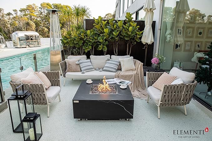 Elementi+ | Bianco Gas Fire Pit | Marble Porcelain & Metal Frame | 40" Square Fire Table | Electronic Ignition | Canvas Cover, Fire Glass & Burner Lid Included | White | Propane Gas