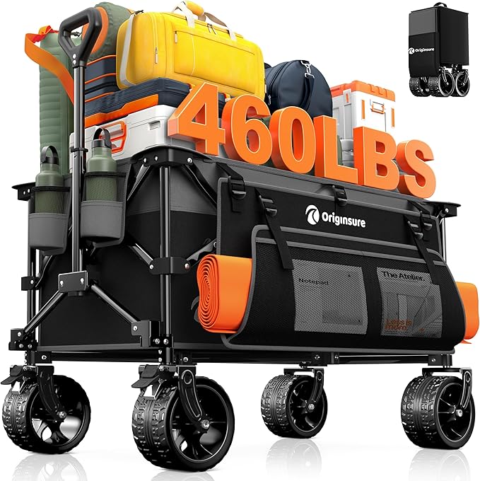 220L Collapsible Wagon Cart Foldable, 460LB Load Capacity Heavy Duty Folding Beach Wagons with Big All-Terrain Wheels, Utility Carts for Groceries, Shopping, Camping, Sports - Grey&Black