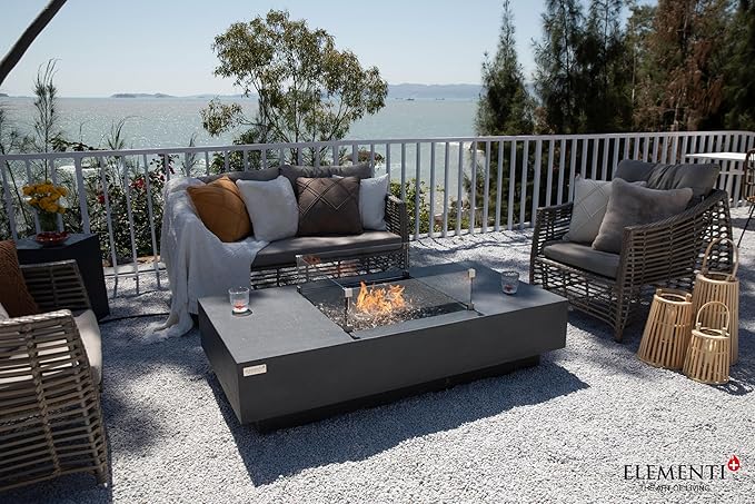 Elementi+ | Bundle Cannes Gas Fire Pit Cast Concrete 60" Rectangular Fire Table, Outdoor Fire Pit Electronic Ignition | Canvas Cover, Fire Glass and Burner Lid Included | Dark Gray | Propane Gas