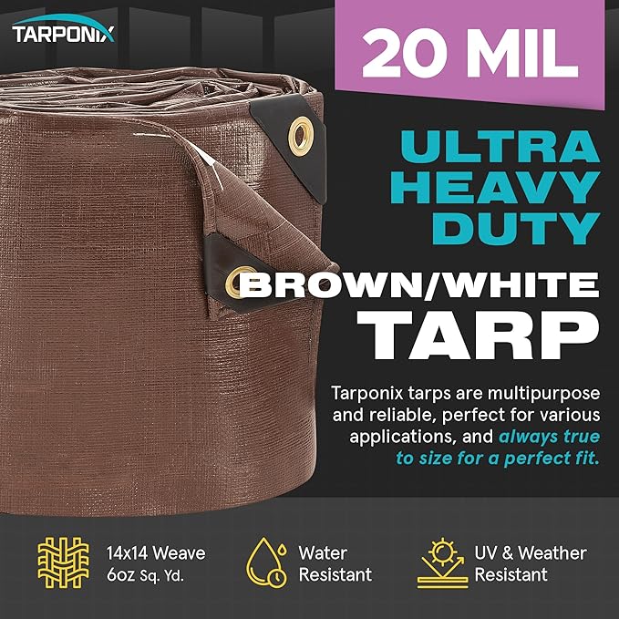6' x 20' Ultra Heavy Duty Tarp – 20 Mil Brown/White Waterproof Outdoor Cover, UV Protection, Reinforced Corners, Ideal for Camping, Tent, and Outdoor Use