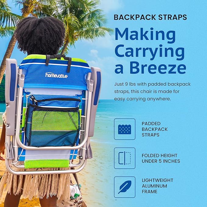 Homevative Backpack Fold-Up Beach Chair, 5 Positions, Towel bar, Cooler, Storage Pouch, Cup Holder and Phone Pocket