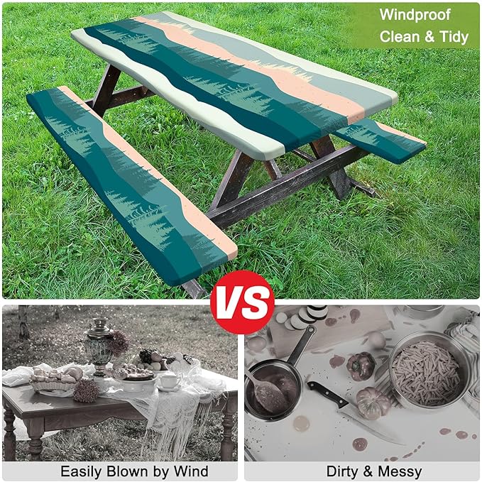 Picnic Table Cover with Bench Covers Camping Tablecloth with Storage Bag Windproof Waterproof Picnic Table Covers with Elastic for Camping