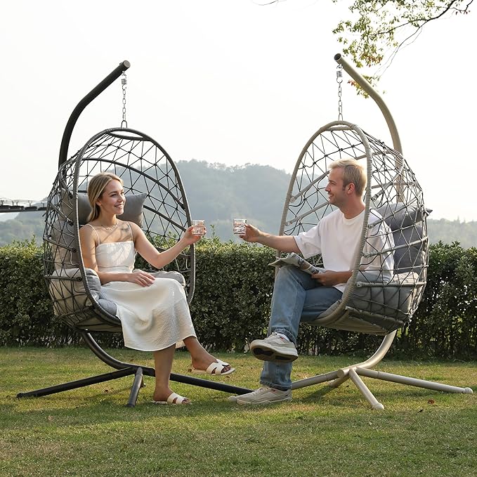 RoyalCraft Hanging Egg Chair Outdoor Swing Chair with Stand, Hammock Chair Indoor, Patio Boho Wicker Hanging Chair with Stand 350lbs Capacity for Garden, Balcony, Bedroom, Black & Gray