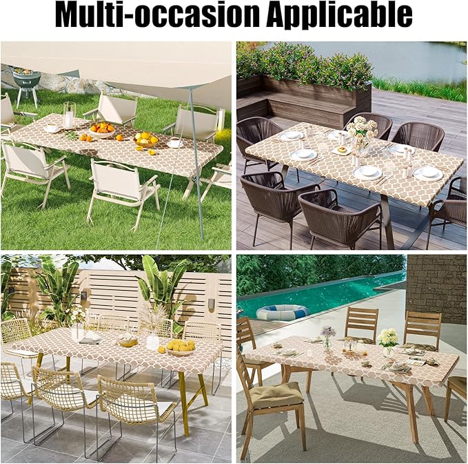 Smiry Rectangle Picnic Table Cover, Waterproof Elastic Fitted Camping Tablecloths for 4 Foot Tables, Wipeable Flannel Backed Vinyl Tablecloth Protector for Indoor, Outdoor (Khaki, 30x48 Inches)
