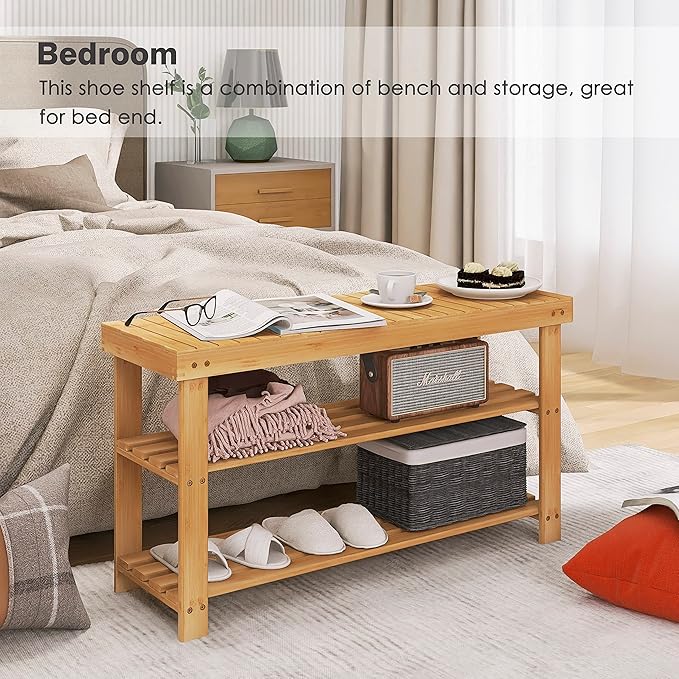 SMIBUY Bamboo Shoe Rack Bench, 3-Tier Shoe Organizer Storage Shelf for Entryway Hallway Bathroom Living Room (Natural)