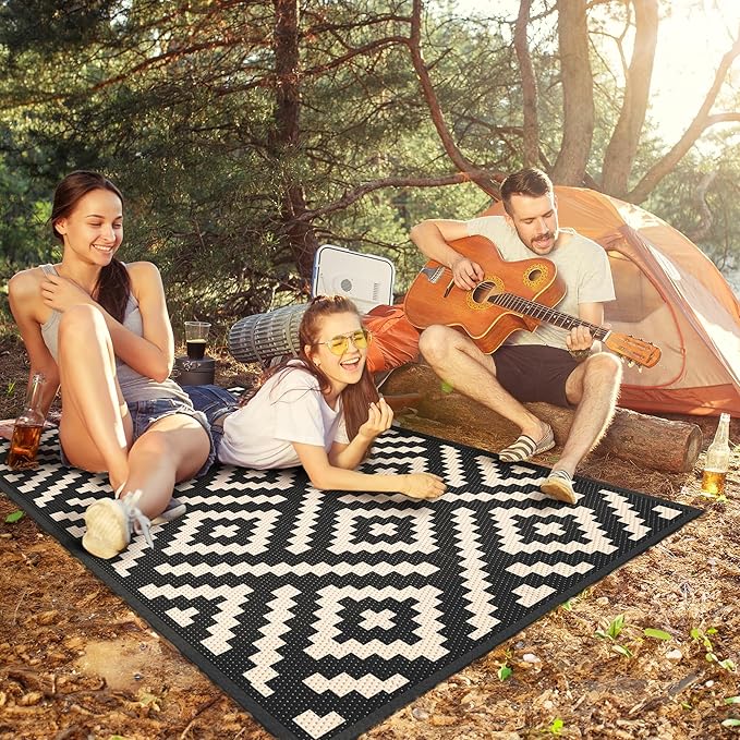 GENIMO Outdoor Rug 3'x5' Waterproof, Reversible Camping Mat, Plastic Straw Rugs for Patio, RV, Camper, Balcony, Backyard, Picnic, Deck (Black & Beige)