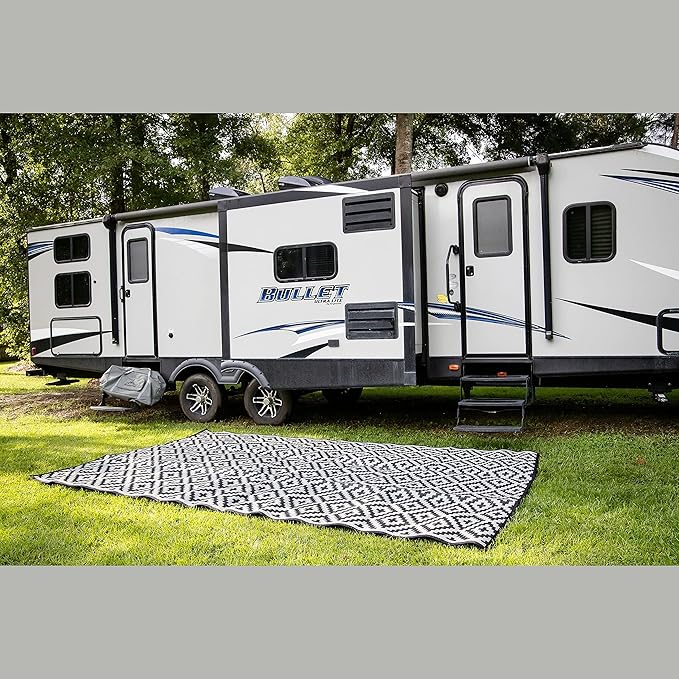 Premium Plastic Outdoor Rug – Size 8' x 12' – Sand-Free Made from 100% Recycled Plastic – for Campsites, Tents, RVs, Campers, and Patios – with Durable Carry Bag and Grommets (Black)