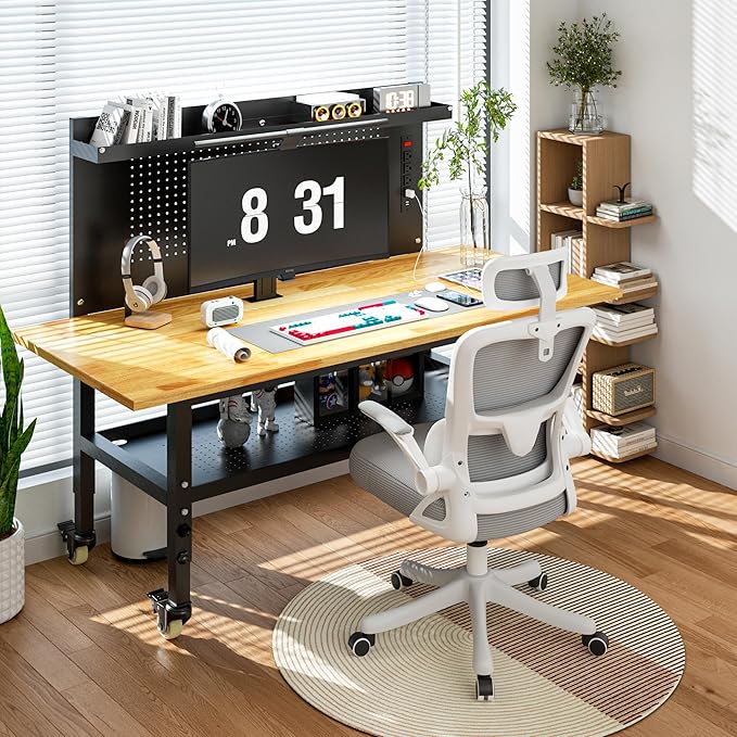 60" Heavy Duty Adjustable Workbench with Large Pegboard& Partition, Adjustable Work Table with Power Outlets & Lockable Wheels, Rubber Wood Workstation for Garage, Workshop, Office, Home, Commercial