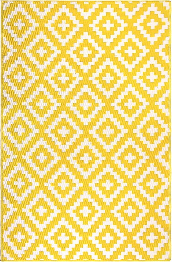 FH Home Outdoor Camping Rug - Waterproof, Fade Resistant, Reversible - Premium Recycled Plastic - Geometric - Picnic, Patio, Deck, Sunroom, RV - Aztec - Yellow & White - 4 x 6 ft Foldable