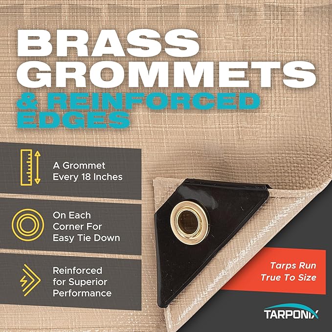 20' x 20' Extra Heavy-Duty Tan Poly Tarp – 12 Mil Thick, Waterproof, UV-Resistant Polyethylene with Reinforced Edges, Double-Stitched Hems, and Rustproof Grommets