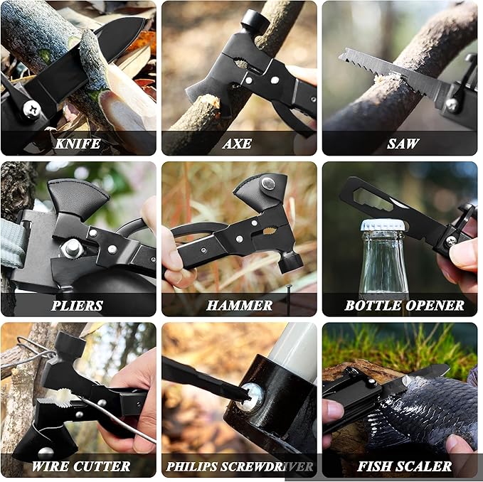 RoverTac 14-in-1 Multitool Camping Axe – Multi Tool with Knife, Hammer, Saw, Screwdrivers, Bottle Opener – Camping Tool with Sheath – Tool Gifts for Men, Dad, Husband, and Outdoor Enthusiasts.