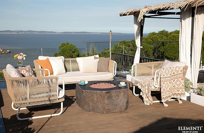 Elementi | Columbia Gas Fire Pit Cast Concrete Semi-Round Fire Table, Outdoor Fire Pit Electronic Ignition | Canvas Cover, Lava Rock Included | Propane Gas