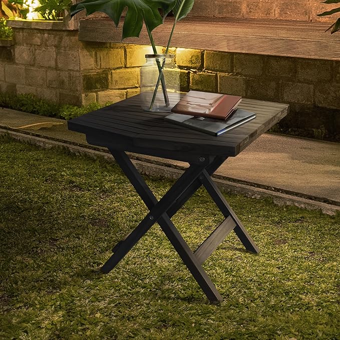 Melino Wooden Folding Table - Black Acacia Wooden Small Foldable End Coffee Tables - FSC Certified Solid Wood Patio Side Table - Weather Resistant & Fully Assembled - Indoor and Outdoor Furniture