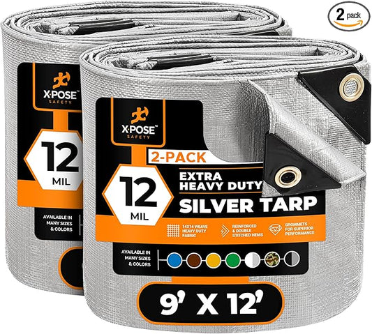 Heavy Duty Silver Poly Tarp 9' X 12' (2-Pack) - Multipurpose Protective Cover - Durable, Waterproof, Weather Proof, Rip and Tear Resistant - Extra Thick 12 Mil Polyethylene - by Xpose Safety