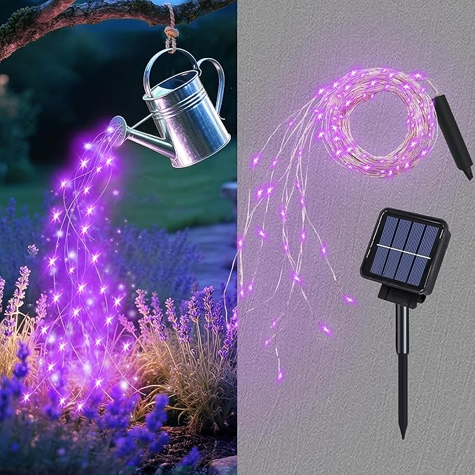 Solar Waterfall Fairy Bunch Lights Outdoor Waterproof 200LEDs 8 Modes Watering Can Light , Purple Solar Powered String Lights Firefly Vine Christmas Tree Garden Decorations Gardening Gifts For Mom