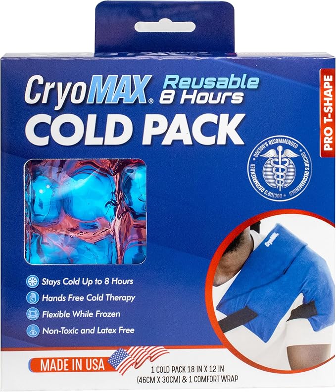 CryoMAX Reusable Cold Pack - 8-Hour Long-Lasting Cold Therapy Ice Pack, Adjustable Wearable Compress Straps, Best for Pain Relief, Injuries, Hip Surgery Swelling, and Migraines - T-Shape (1 Count)