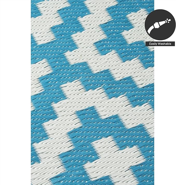 FH Home Outdoor Rug - Waterproof, Fade Resistant, Reversible - Premium Recycled Plastic - Geometric - Patio, Porch, Deck, Balcony - Aztec - Teal & White Crease Free - 5 x 8 ft