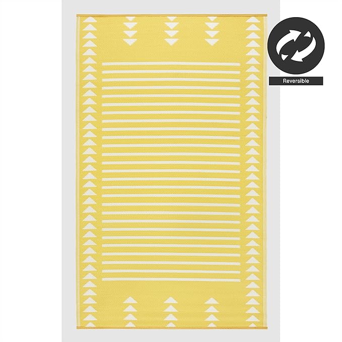 FH Home Outdoor Rug - Waterproof, Fade Resistant, Crease-Free - Premium Recycled Plastic - Geometric - Patio, Porch, Deck, Balcony - Hampton Stripe - Yellow Crease Free - 5 x 8 ft