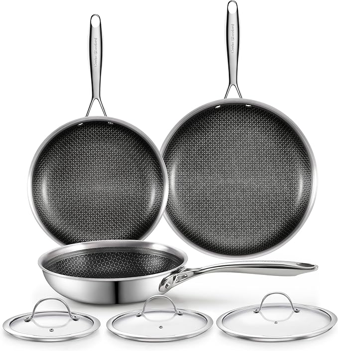 Cooks Standard Hybrid Nonstick Frying Pan Set, 8, 10 and 12-Inch Multi-Ply Clad Stainless Steel 3 Piece Skillet with Tempered Glass Lids, Oven Safe, Compatible with All Stovetops