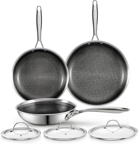 Cooks Standard Hybrid Nonstick Frying Pan Set, 8, 10 and 12-Inch Multi-Ply Clad Stainless Steel 3 Piece Skillet with Tempered Glass Lids, Oven Safe, Compatible with All Stovetops