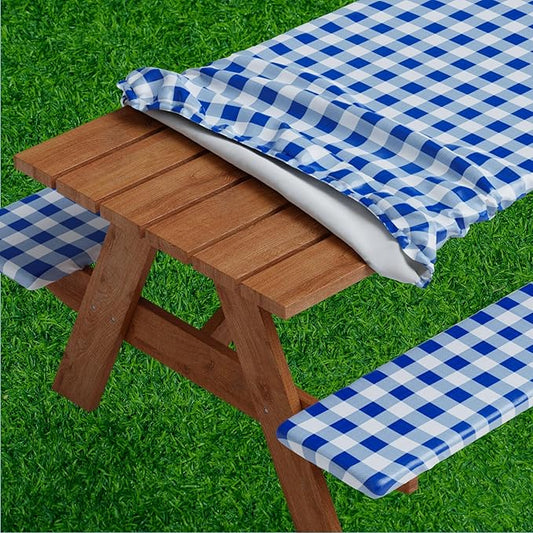 Sorfey Picnic Table Cover with Bench Covers -Fitted with Elastic, Vinyl with Flannel Back, Fits for Table 30"x 72" Rectangle,Water Proof, Checked Blue Design