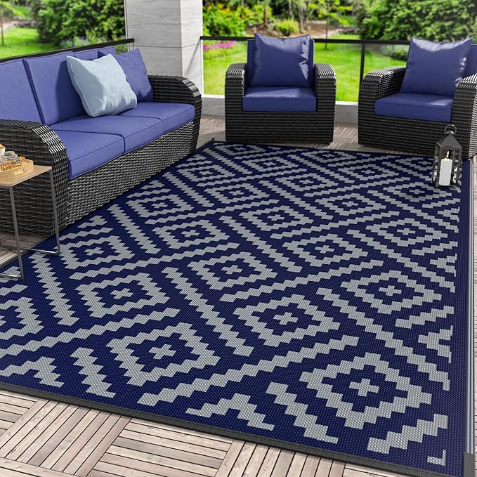 GENIMO Outdoor Rug for Patio Clearance, 8'x10' Waterproof Camping Mat, Reversible Plastic Straw Rugs for RV, Camper, Balcony, Backyard, Picnic, Deck (Blue & Grey)