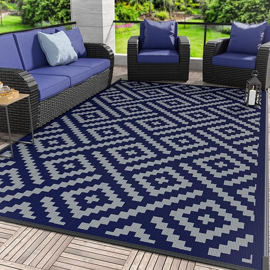 GENIMO Outdoor Rug for Patio Clearance, 6'x9' Waterproof Camping Mat, Reversible Plastic Straw Rugs for RV, Camper, Balcony, Backyard, Picnic, Deck (Blue & Grey)