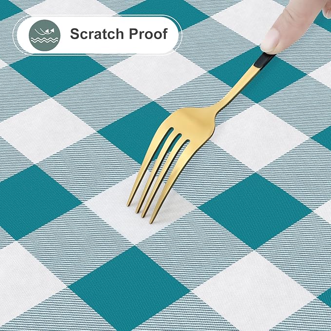 misaya Round Waterproof Vinyl Table Cloth, Buffalo Flannel Backed Tablecloth, Wipeable Plastic Table Cover for Dinner, Kitchen, Picnic (60", Turquoise and White)