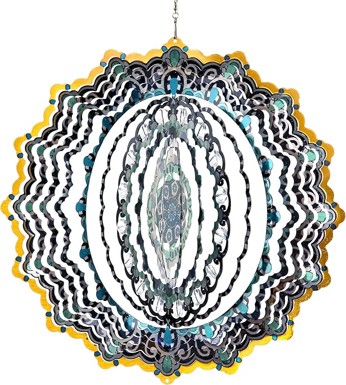 Exhart Wind Spinner, Blue and Black Mandala Hanging Wind Sculpture, 3D Laser Cut Patterns with Bead Details, Metal Outdoor Garden Decoration, Multicolor Lawn and Yard Art, 12 Inch