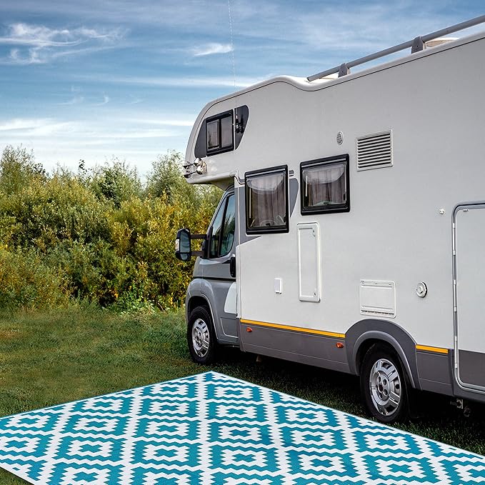 FH Home Outdoor Camping Rug - Waterproof, Fade Resistant, Reversible - Premium Recycled Plastic - Geometric - Large Patio, Deck, Sunroom, RV - Aztec - Teal & White - 9 x 12 ft Foldable