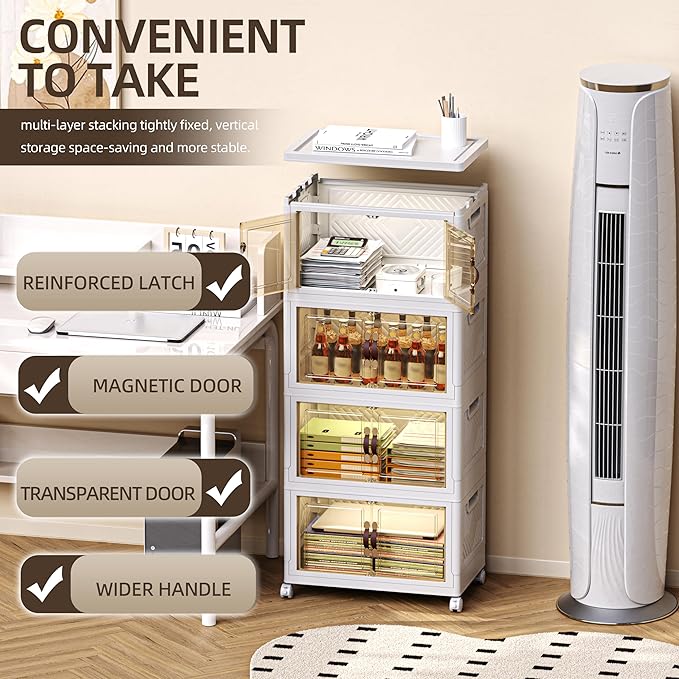 200 QT / 50 Gal Stackable Collapsible Storage Bins (1 Lid) with Magnetic Doors & Wheels - Plastic Cabinet Organizer for Home Office Closet, White Space-Saving Containers