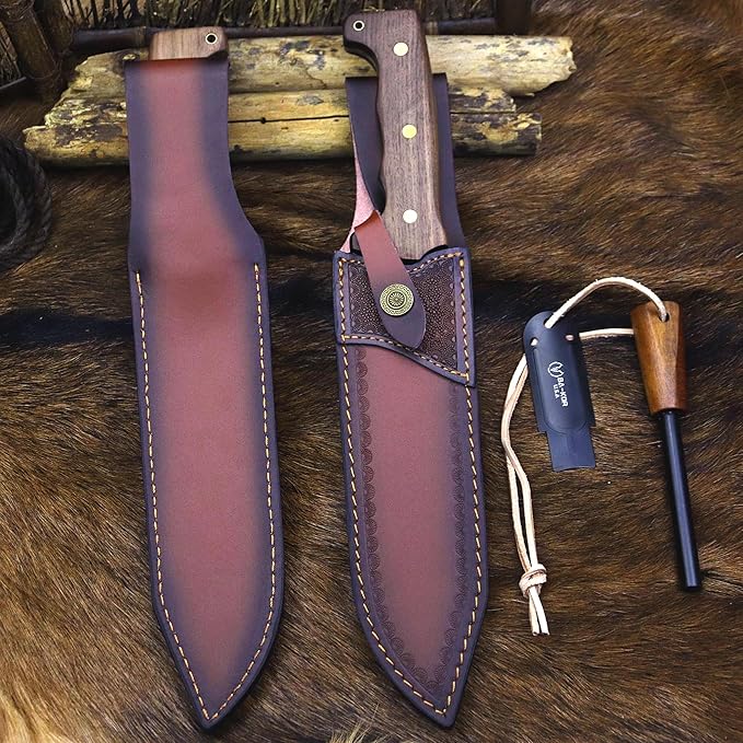 BA-KOR DC53 Steel 38CM (15.2IN) Full Tang 6mm Thick Fixed Knife+Sheath&(5.9IN) Cerium Igniter, Suitable for Outdoor Hunting, Camping, Survival Exploration, EDC