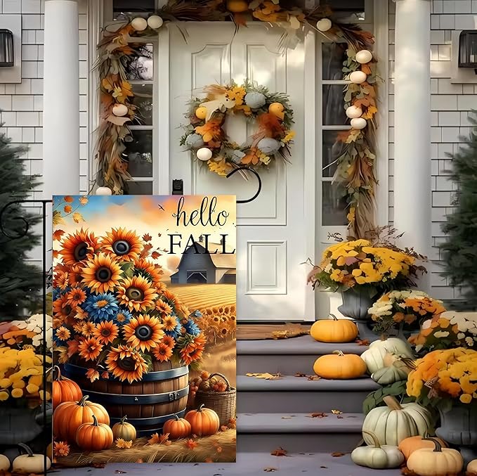 Fall Garden Flags 12x18 Double Sided, Sunflower Pumpkin Yard Flags for Outside,Autumn Small Yard Flags for Decor Outdoor