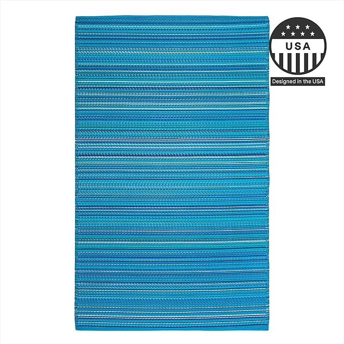 FH Home Outdoor Camping Rug - Waterproof, Fade Resistant, Reversible - Premium Recycled Plastic - Striped - Large Patio, Deck, Sunroom, RV - Havana - Turquoise - 9 x 18 ft Foldable