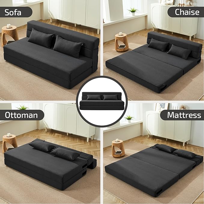 Convertible Folding Sofa Bed - Chair Bed Sleeper with Pillow, Modern Linen Fabric Fold Out & Futon Couch, Foldable Mattress for Living Room/Dorm/Guest Use/Home Office, Queen Size, Dark Gray