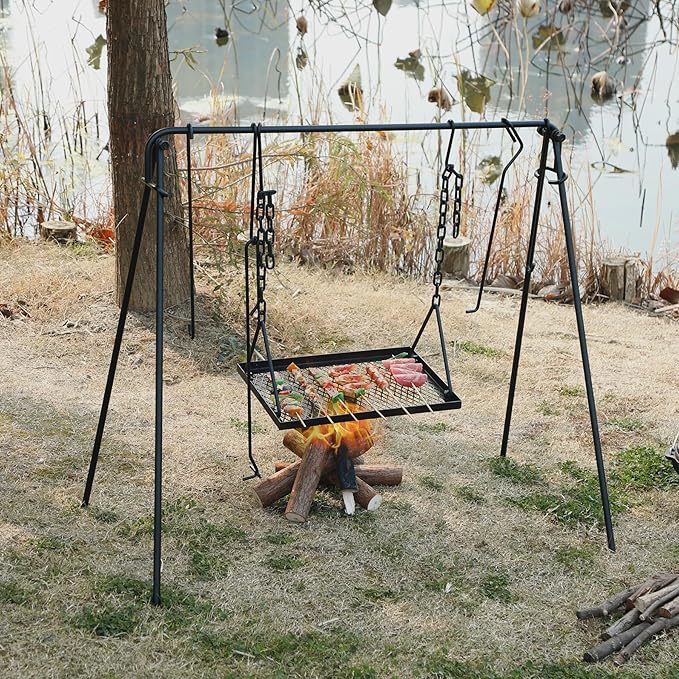 REDCAMP Swing Campfire Grill Stand - Collapsible Campfire Cooking Rack with 6 Hooks & Iron Grill Grate, Portable Dutch Oven Hanger for Outdoor Camping, Cookware, Bonfire, Rectangle