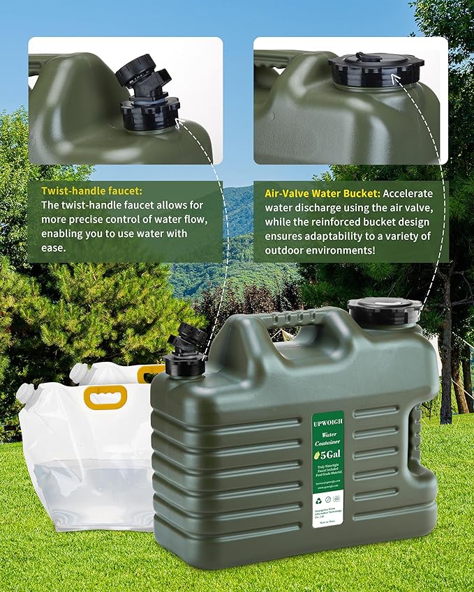 5 Gallon Water Jug and 2.6Gal Collapsible Water Bag Set of 2,Thickened Water Storage Overlanding Gear Containers, Camping Essential Leak-Proof Green Portable Water Tank,BPA Free Outdoors Hiking