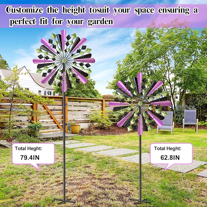 Large Wind Spinners Outdoor, 23.6" W x 79.4" H Metal Yard Wind Sculptures, 360 Degrees Kinetic Spinner Windmills Garden Art Decor Pinwheels for Outside Patio Lawn (Purple+Green)