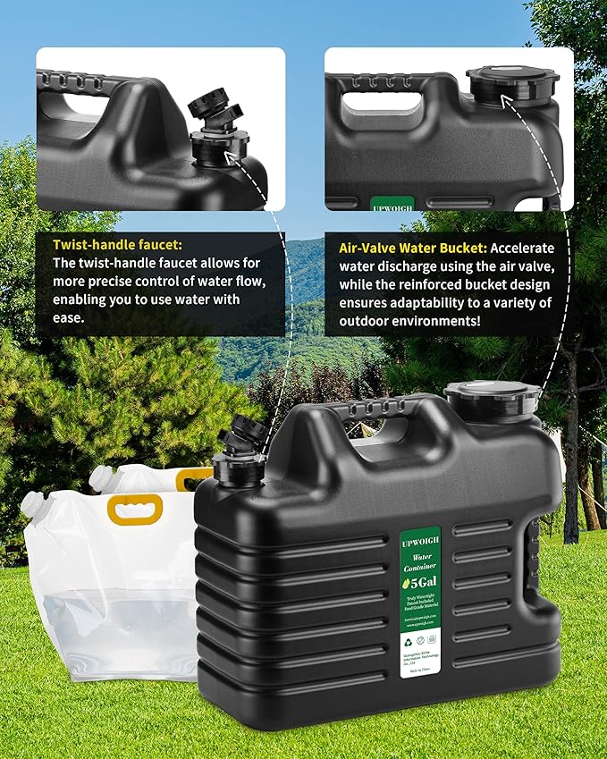 5 Gallon Water Jug(16x13.2x7in)and 2.6Gal Collapsible Water Bag Set of 2,BPA Free Water Tank Overlanding Gear Containers, Camping Essential Leak-Proof Black Portable Water Storage, Outdoors Hiking RV