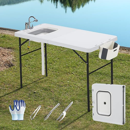 AHB 50" Folding Outdoor Fish Cleaning Table with Sink, Camping Kitchen Station Collapsible Faucet & Stainless Sprayer with 4pcs Fish Cleaning Kit for Camping, Picnic, Beach & Patio