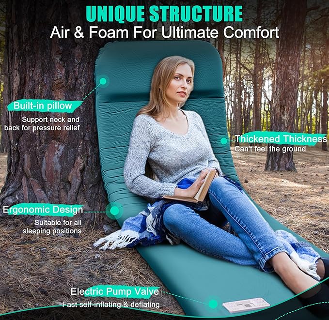 Self Inflating Sleeping Pad with Electric Pump, 3.15" Ultra-Thick Memory Foam Camping Sleeping Mat with Pillow, 9.5 R-Value Insulated Camping Pad Mattress for Travel Car Tent