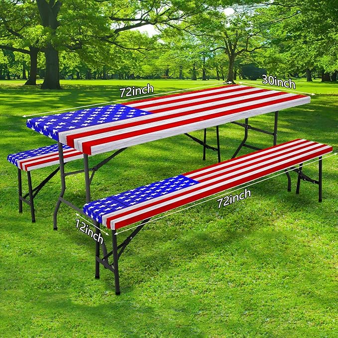 JAWO American Flag Picnic Table Cover with Bench Covers Vintage Camping RV Essentials Waterproof Windproof Fitted Outdoor Tablecloth with Elastic Rectangle Table Cloth Camping Accessories, 30x72in